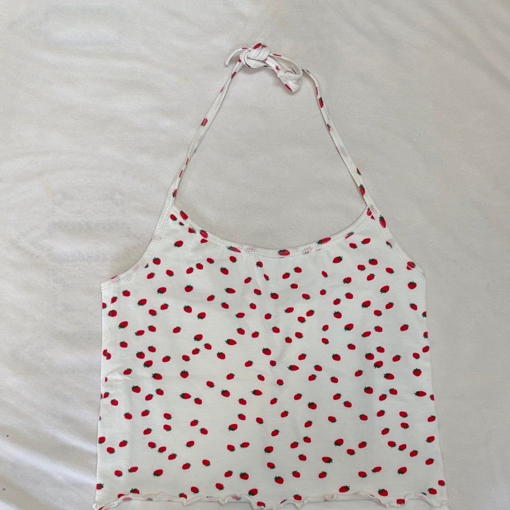 White Halter Top with Red Strawberry Deaign